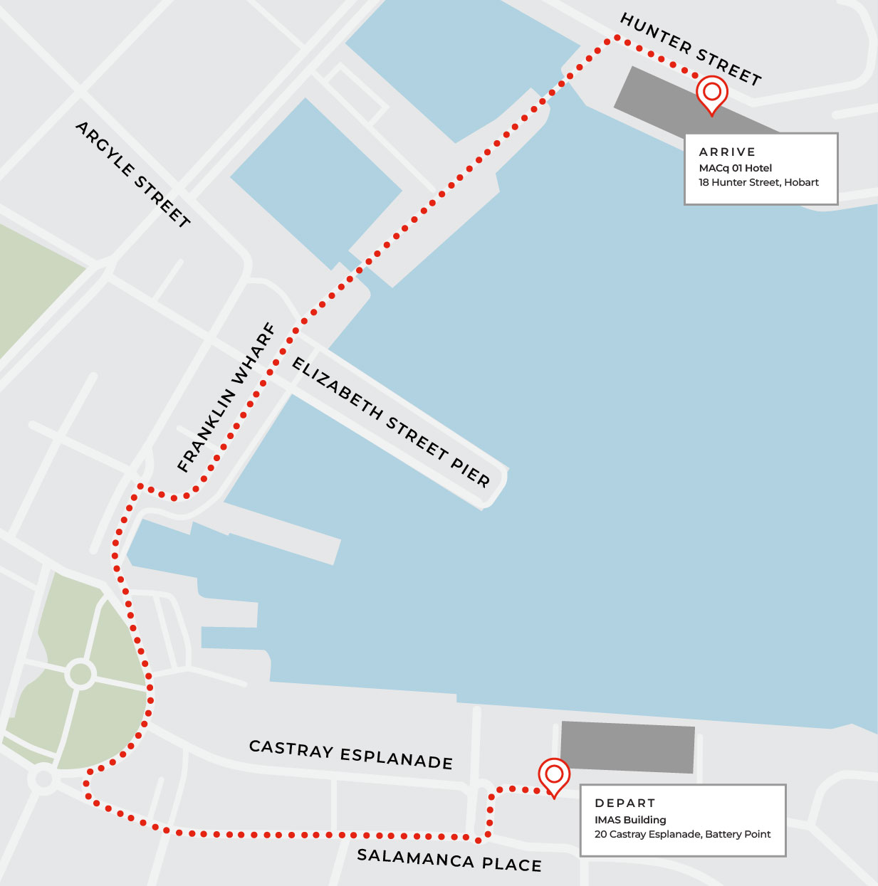 Hobart map showing a dotted route from Macquarie Hobart at 20 Castray Esplanade to the School of Creative Arts on Hunter St, passing through Davey St and Morrison St in Hobart.