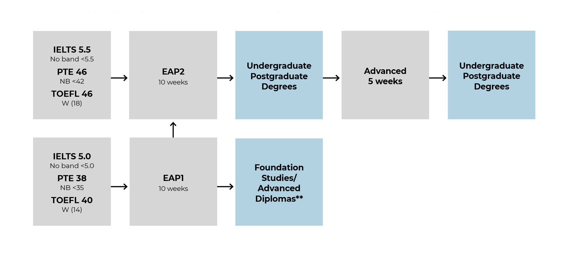 This flowchart illustrates the language entry requirements and English language course progression pathways. The top pathway starts with IELTS 5.5 (no band <5.5), PTE 46 (NB <42), or TOEFL 46 (W 18). This leads to EAP2 (10 weeks), which progresses to Undergraduate or Postgraduate Degrees, followed by Advanced (5 weeks), and finally, to Undergraduate or Postgraduate Degrees. The bottom pathway starts with IELTS 5.0 (no band <5.0), PTE 38 (NB <35), or TOEFL 40 (W 14). This leads to EAP1 (10 weeks), then to Foundation Studies or Advanced Diplomas, and from there back to EAP2 (10 weeks), continuing as in the top pathway.