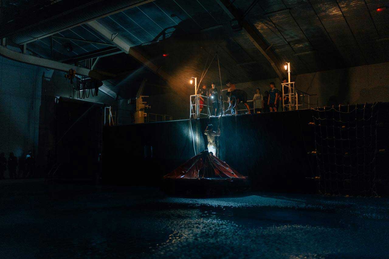 Abandon ship nightime exercises in a purpose built sea survival centre