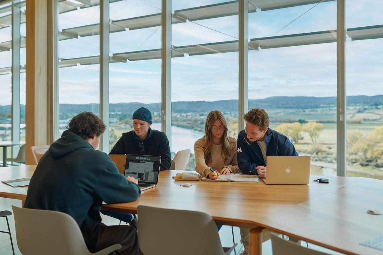 An image of students inside the River's Edge building at Inveresk